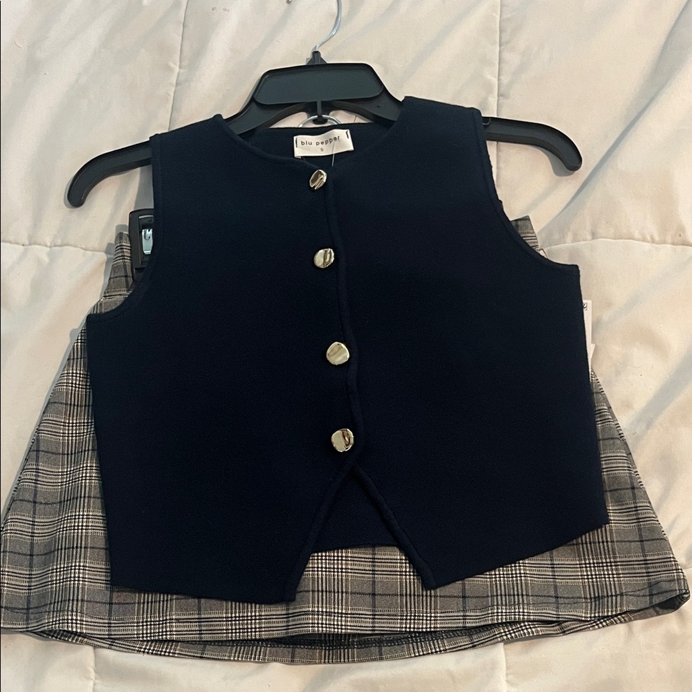 Navy Vest with Plaid Skort Set